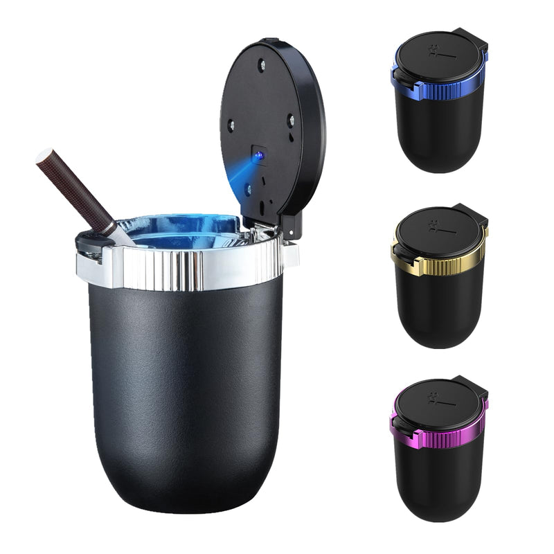 Car Ashtray with Lid Portable Ash Tray Mini Car Trash Can with LED Blue Light Windproof for Outdoor Travel (Silver) Silver