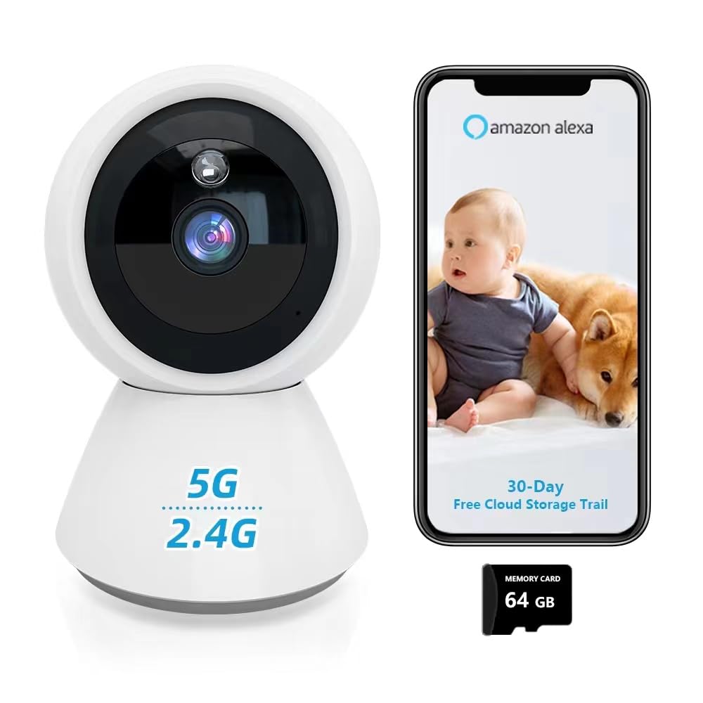 WiFi Camera Indoor Security Camera 2K 5GHz & 2.4GHz Security Camera Cameras for Baby/Elder/Dog/Pet Camera with Phone app Smartphone (1Pcs 64GB SD) 1Pcs 64GB SD