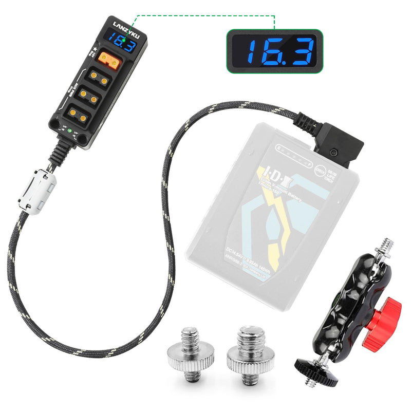 12V Regulated Voltmeter P-Tap D-Tap Splitter for ARRI|RED|Sony|Teradek |Smallhd|DJI|TILTA |SmallRig|V-Mount|Gold-Mount，1/4"-20 Screw Threads, Magic Arm-Braided Kevlar Cable 17.7 inches