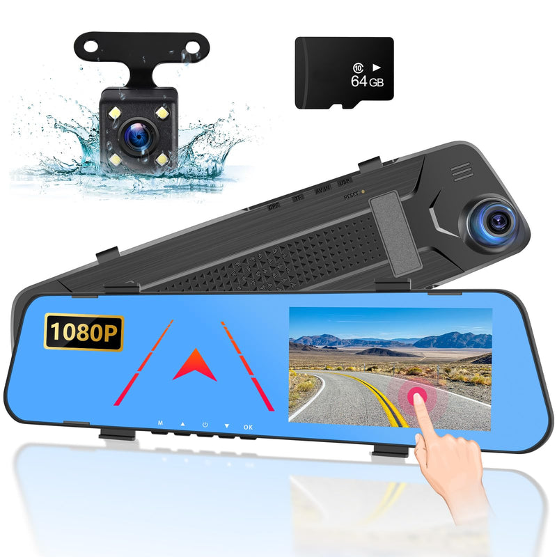 4.5 Inch Rear View Mirror Camera for Car with 64G TF Card, 1080P IPS Touch Screen/Loop Recording / 150° Wide Angel/Night Vision/G-Sensor/Parking Assistance