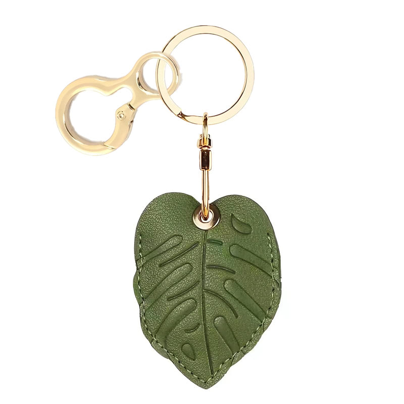 Leather Keychain Holder Case Compatible with Apple AirTag, Cute Protective Air Tag Cover with Keychain Ring, Anti-Scratch Finder GPS Tracker Case for Wallet Keys(Small Leaves) Small leaves