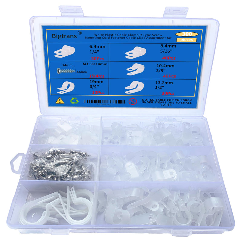 Bigtrans 300 Pcs Nylon Plastic R-Type Wire Clips with Screws 1/4" 5/16" 3/8" 1/2" 3/4" Clamps Fasteners Assortment for Cable Conduit -5 Size -White 300 Pack Clips with Screws White