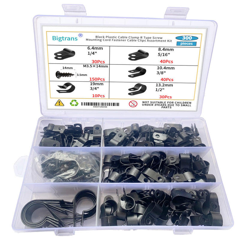 Bigtrans 300 Pcs Nylon Plastic R-Type Wire Clips with Screws 1/4" 5/16" 3/8" 1/2" 3/4" Clamps Fasteners Assortment for Cable Conduit -5 Size -Black 300 Pack Clips with Screws Black