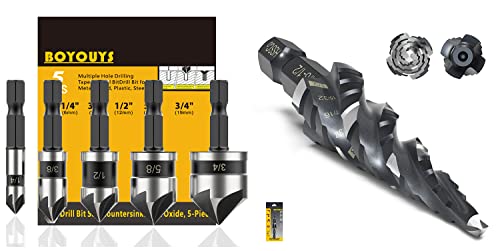 Countersunk Bit Set for Metal, M2 Cobalt Countersunk Bits 5 Pieces, M35 Four Spiral Flute Step Drill Bit Set 1/8"-1/2" （13 Sizes ）,1/4" Hex Shank Drill, Impact Resistant M35HSS Unit Stepper bit, for S