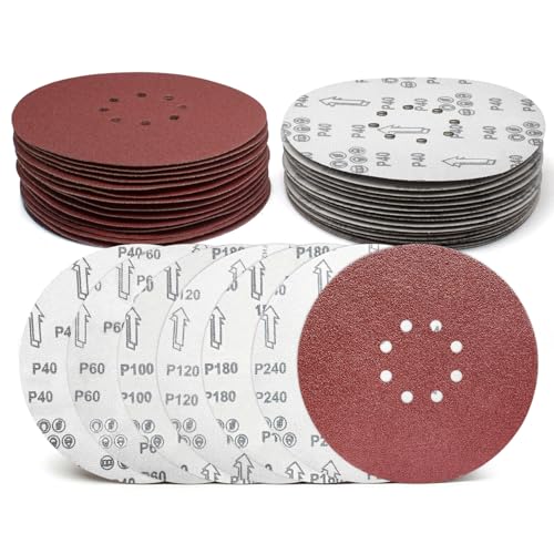 9 Inch 8 Hole Sanding Discs 30 Pack, 5 Pcs Each 40 60 100 120 180 240 Grit 8 hole 40/60/100/120/180/240 Grit