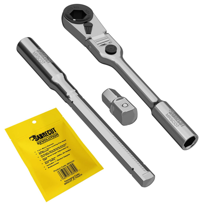 1 x SabreCut MRSC07 7-in-1 Flex Head 6.3mm 1/4" HEX Magnetic Mini Micro Ratchet with Extension Bar and 1/4" Square Drive Socket Adapter Stainless Steel Professional 60 Tooth Gear Hand Ratchet Wrench