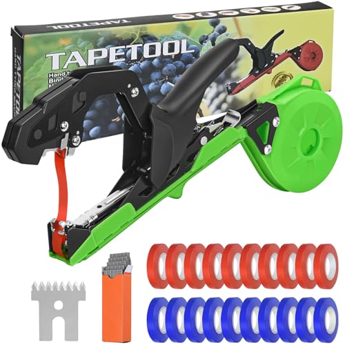 Upgraded Plant Tying Machine Gun to Tie Up Vine Tomatoes and Grapes Quickly Garden Tape Tool for Gardeners Farmers with SK5 Blade Replacement Garden Tapes and Staples Green