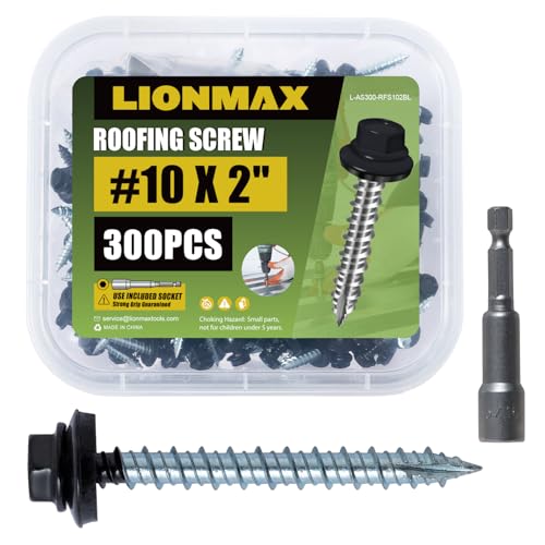 LIONMAX Metal Roofing Screws #10 x 2 Inch, 300PCS, Black with Rubber Washer #10 x 2" 300