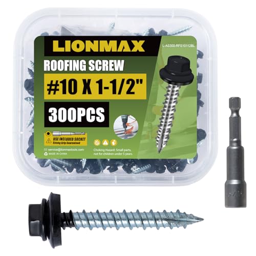 LIONMAX Metal Roofing Screws #10 x 1-1/2 Inch, 300PCS, Black, Rubber Washer #10 x 1-1/2" 300