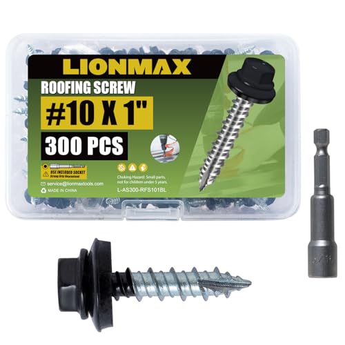 LIONMAX Metal Roofing Screws #10 x 1 Inch, 300-PCS, Black, Rubber Washer #10 x 1"