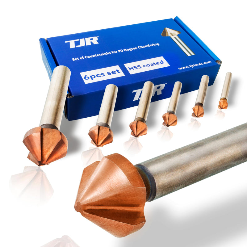 TJR® Countersink 90° Set of 6 Pieces 1/4", 1/3", 2/5", 1/2", 2/3", 4/5" HSS (4241) Coated, for chamfering. Tool Bits Set for Steel, Aluminum, Brass, Wood, Plastic (Coated in Carton Box) Coated in Carton Box
