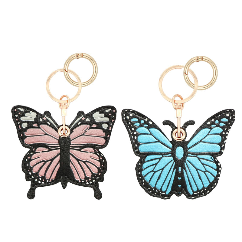 XEEWEN 2 Pack Cute Butterfly Airtag Leather Keychain Holder, Kawaii Pink Blue Key Ring Hidden Case Cover for Apple AirTag