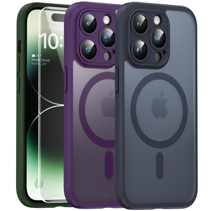 TOCOL 3 in 1 Magnetic for iPhone 14 Pro Case, Upgraded [Full Camera Protection] with 2 Screen Protector, Fit for MagSafe, [Military Grade Drop Tested] Slim Translucent Matte Back Cover 6.1", Black Magnetic-Black