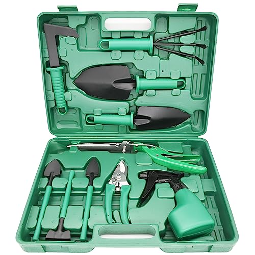 LIYYOO Garden Tool Set,10 PCS Gardening Tools Set with Carrying Case,Gardening Hand Tools,Ergonomic Hand Tool, Pruner, Rake, Shovel, Trowel, Sprayer, Gardening Gifts for Women