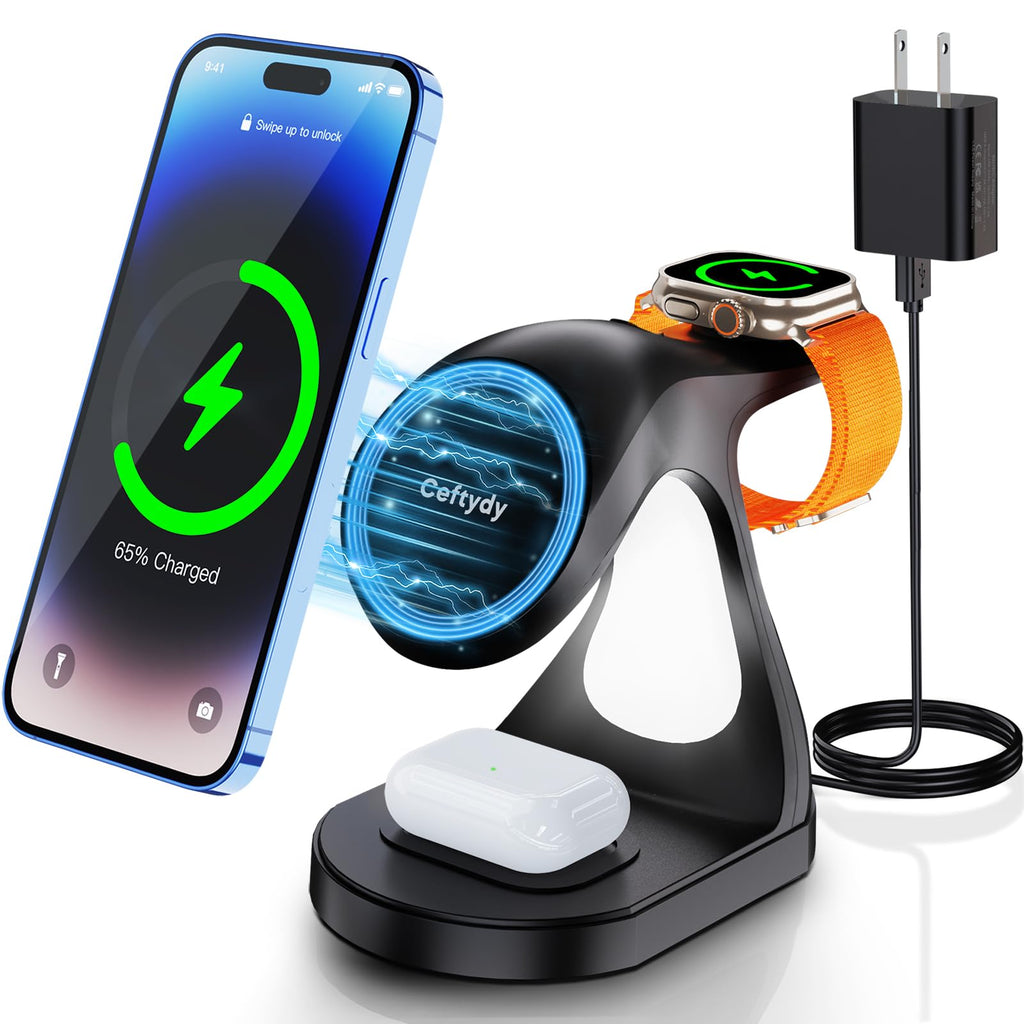 3 in 1 Magnetic Wireless Charging Station for Apple Devices, Ceftydy 20W Fast Mag-Safe Charger Stand with Adapter and LED, for iPhone 14,13,12 Pro/Pro Max/Plus/Mini, Apple Watch & AirPods