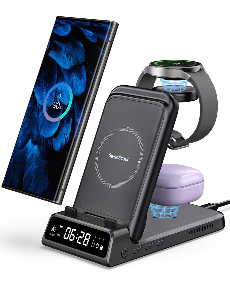 Charging Station for Samsung S24 Ultra, SwanScout 703S, Wireless Charger for Samsung S24+/S24/S23 Ultra/S23/S22/Note 20, Galaxy Watch 6/6 Classic/5/4, Galaxy Buds 2 Pro/Pro (for Travel)
