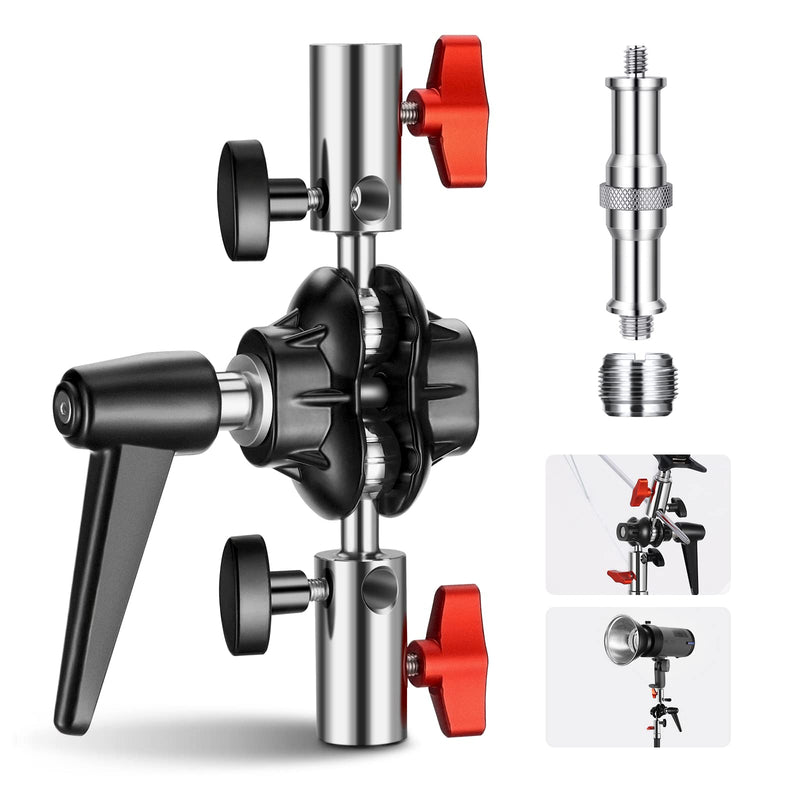 Neewer Heavy Duty Light Stand Head Adapter with All Metal Dual Swivel Ball Joint, Dual 5/8'' Receivers, 1/4'' to 3/8'' Convertor Spigot Stud, 3/8'' to 5/8'' Screw, for C Stand, Max Load 14lb, UA020