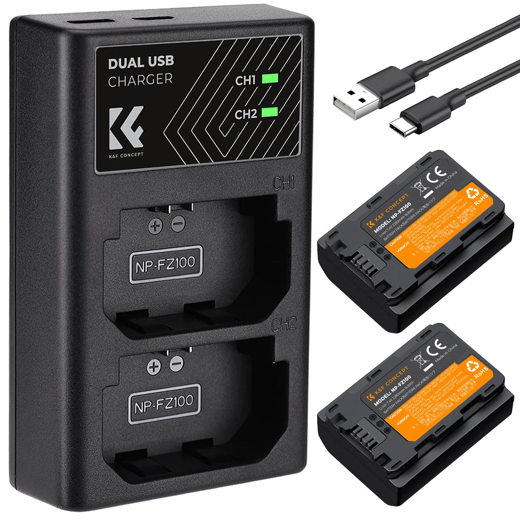 K&F Concept NP-FZ100 Battery and Dual Slot Charger Set for Sony ZV-E1, FX3, FX30, A7C, A7 III, A7R III, A7R IV, A9, A6600, Alpha 9, Alpha 9S, A9S, A7III, A7R3, A7R4 Camera Batteries, 2280mAH