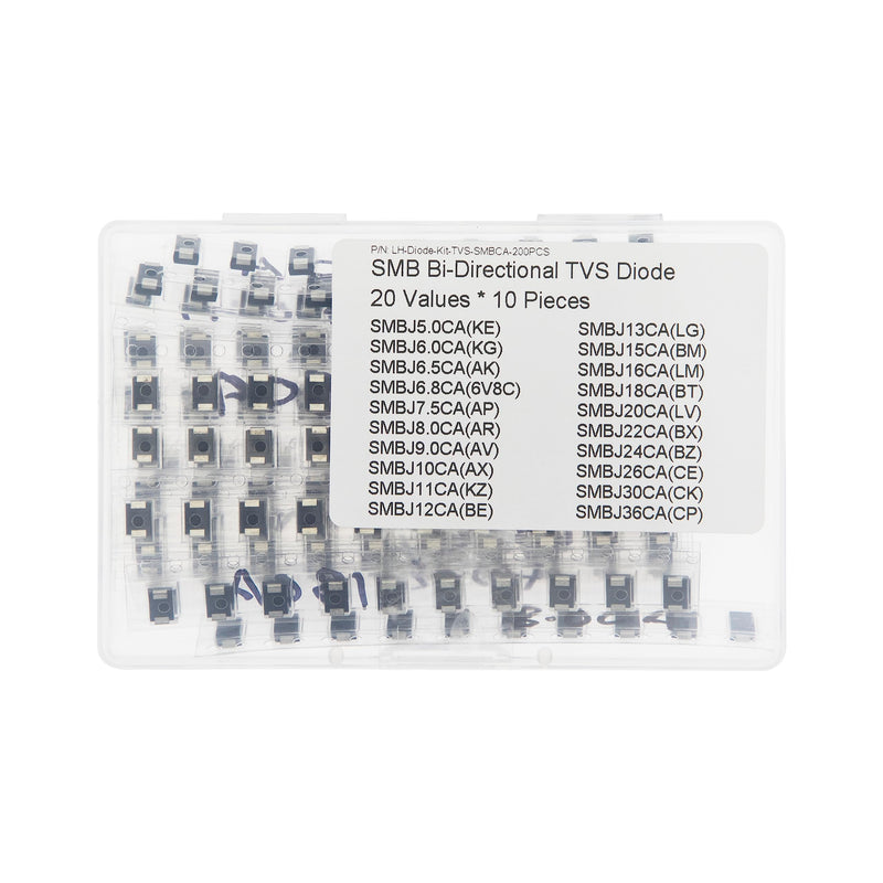 20 Values x 10 SMB 600W TVS Bi-Directional Surface Mount Protective Diodes Kit