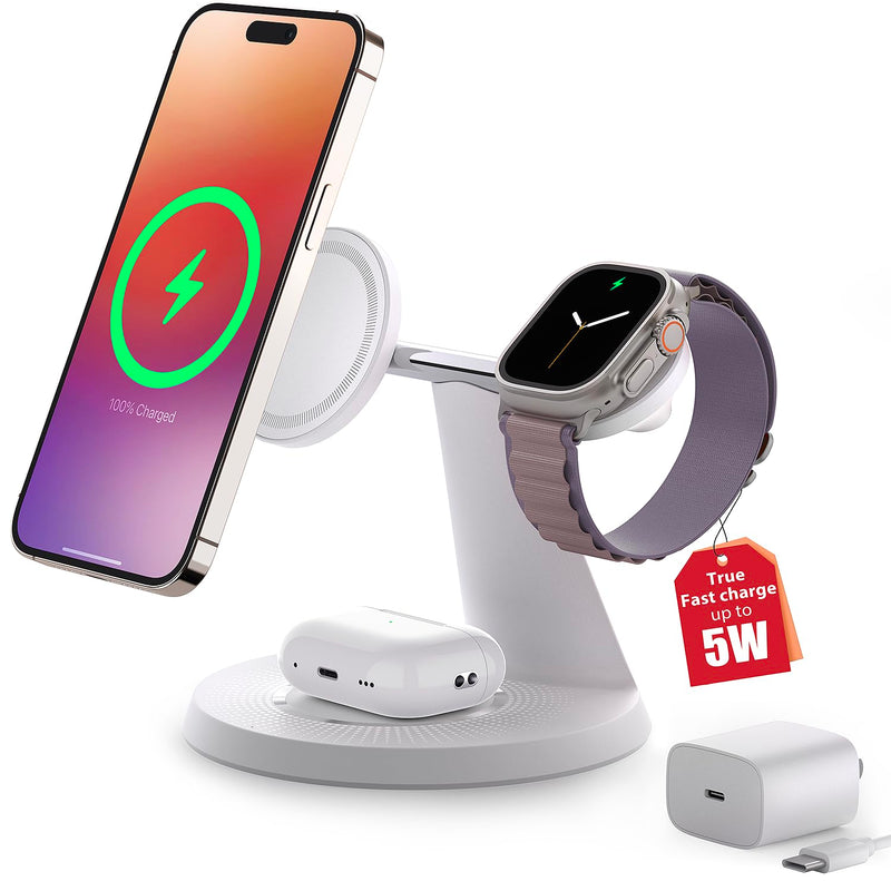 3-in-1 Wireless Charging Station for Apple: used for iPhone and Watch Charging Station with Magsafe Charger Stand, Wireless Charging Stand for iPhone15/14/13/12, Apple Watch 1-9/Ultra, AirPods 3 Pro White