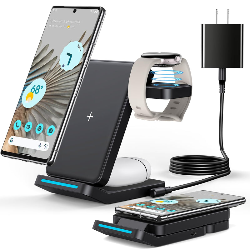 Houflody 3 in 1 Foldable Wireless Charging Station for Google Pixel Watch, Pixel Buds Pro and Google Phones Fold/7 Pro/7a/7/6 Pro/6/5/4/3/XL, Wireless Charger with QC 18W Adapter, Black