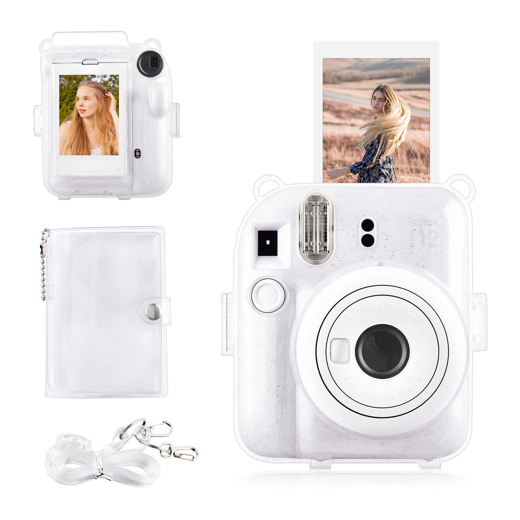 Rieibi Clear Case for Fuji Instax Mini 12/Polaroid Mini 12 - Glitter Case for Fujifilm Instax Mini 12 Instant Camera with Photos Pocket, Shoulder Strap and Mini Photo Album - Glitter Clear