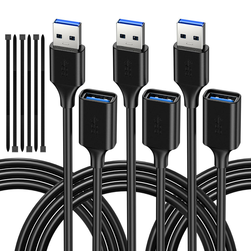 7FT USB 3.0 Extender Cord (3 Pack) - A to Female, Compatible with Flash Drive, Hard Drive, Card Reader, Webcam, Printer, Keyboard, Mouse, Playstation, Xbox, VR Headset 7FT 3 Pack