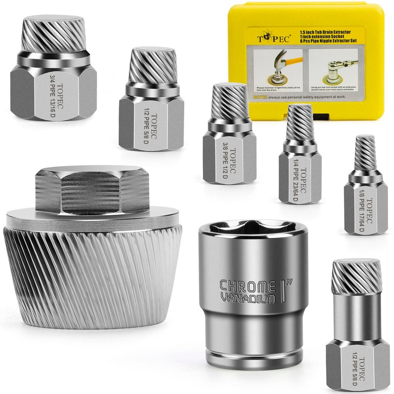 Topec 1.5'' Tub Drain Extractor, 8PCS Pipe Nipple Extractor Set with 1-inch Socket, Remove the Old, Broken, Stubborn, Rusted Drain Tub Bathtub Remover, Strong Grab Plumbing Tools with Storage Case