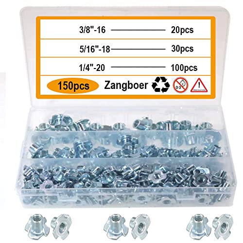 T Nuts 1/4"-20,5/16"-18, 3/8"-16(150 Pack), 4-Pronged tee Nuts for Wood Furniture, Rock Climbing Holds, Cabinetry (T-Nuts Kit) T-Nuts Kit