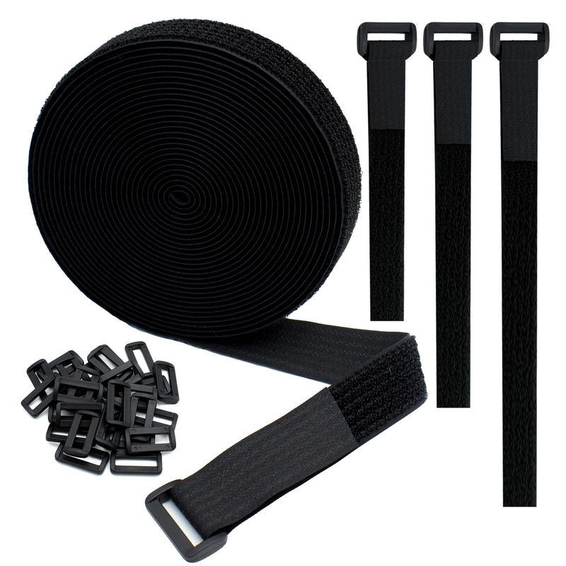 1" x20FT Hook and Loop Straps by YiwerDer, with 30 Plastic Buckles, Adjustable Fastening Cable Straps, Cut-to-Length Cinch Strap, Reusable Nylon Securing Cord Ties for Organizer or Storage - Black 1"X20FT Straps