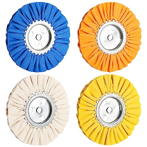 Hedume 4 Pcs Airway Buffing Wheel, 8" in Diameter 5/8" in Arbor Hole 16 Ply for Angle Grinder, 1 pcs White & 1 pcs Orange & 1 pcs Blue & 1 pcs Yellow