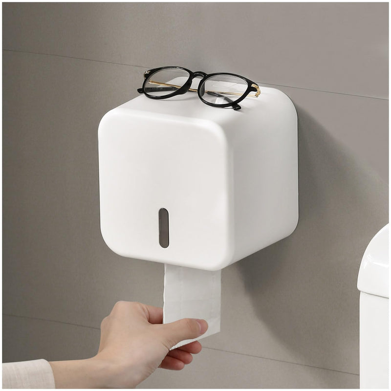 Colist Toilet Paper Holder Self Adhesive, with Cover, Cat Proof, Waterproof | Enclosed, Wall Mount, No Drilling, with Top Phone Shelf & Visual Window, for Bathroom RV Camping, White Large