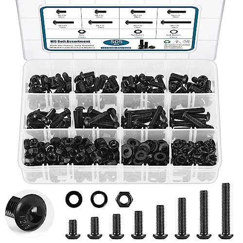 SATANTECH 505Pcs Metric M6 Bolt Assortment 10/12/14/16/20/25/30/35mm Button Head Hex Socket Cap Screws Bolts Nuts Washers Assortment Kit, 12.9 Grade Alloy Steel Black Galvanized, Fully Threaded Black M6 Bolt