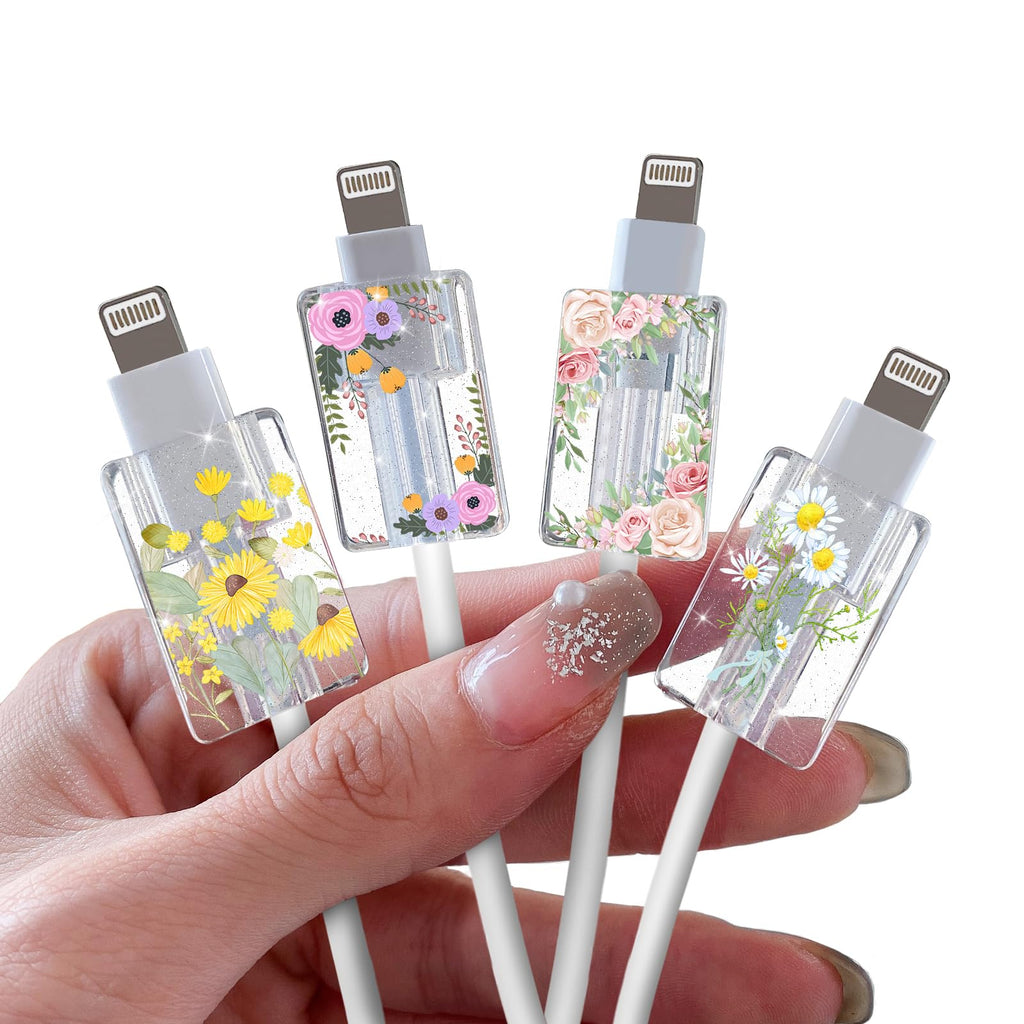 Glitter Bling Cable Protector for iPhone Type-c Charger,Sparkle Flowers Garden Pattern 4 PCS Set Cable Phone Protector for Women Girls,Charging Cord Protector,Cable Chomper,Cord Saver