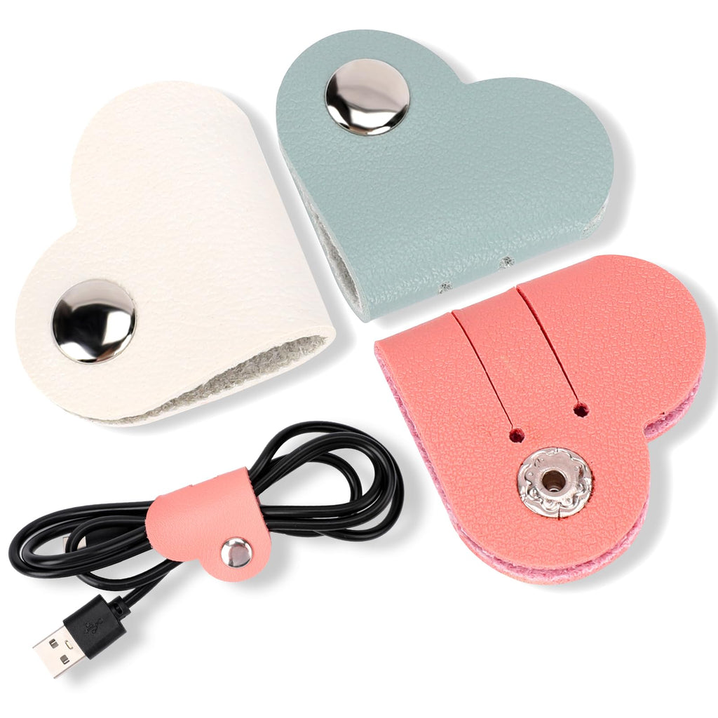 KALIONE Heart Cord Winder, 3 Pack Wrap Winder Manager, USB Cable Organizer Storage, PU Leather Earphones Storage Straps, Portable Bag Charging Cable Holder, Cute Headphone Case Gifts for Women Girls