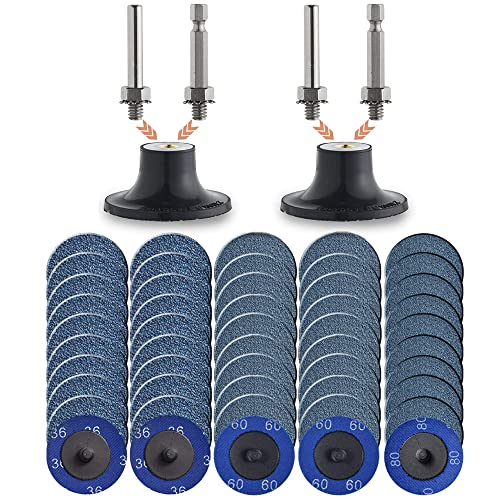 50 Pcs 2 inch P36/60/80 Zirconia Quick Change Grinding Discs, with 2 Pcs 1/4 inch Disc Holder for Surface Prep (Mix Grit)