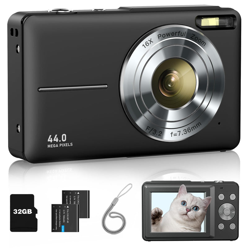 Lecran Digital Camera, FHD 1080P Kids Camera with 32GB Card, 2 Batteries, Lanyard, 16X Zoom Anti Shake, 44MP Compact Portable Small Point Shoot Camera for Kids Children Teens Girl Boy(Charcoal)
