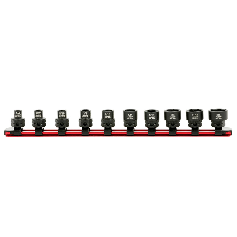ARES 29019 – 10-Piece 3/8-Inch Drive SAE Low Profile Nano Impact Socket Set – Impact Grade Sockets Offer Greater Clearance Than Typical Shallow Sockets – Includes Aluminum Storage Rail 10-Piece SAE Nano Impact Socket Set