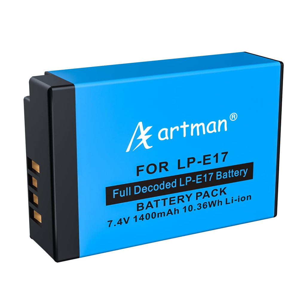 Artman Fully Decoded LP-E17 Battery 1400 mAh Compatible with Canon EOS R50 R10 R8 RP, Rebel T8i, T7i, T6i, T6s, SL2, SL3, EOS M3, M5, M6, EOS 200D, 77D, 750D, 760D, 800D, 8000D, Digital SLR Camera