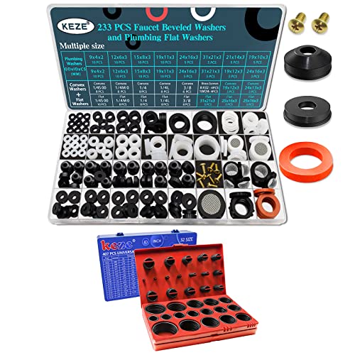 KEZE 233 pcs Bevel Washer and Plumbing Flat Head Washers Kit and 826 Pcs SAE and Metric O Rings Kit for Valve Sealant Faucet O Rings Faucet Automotive Hydraulic Pipe Repair