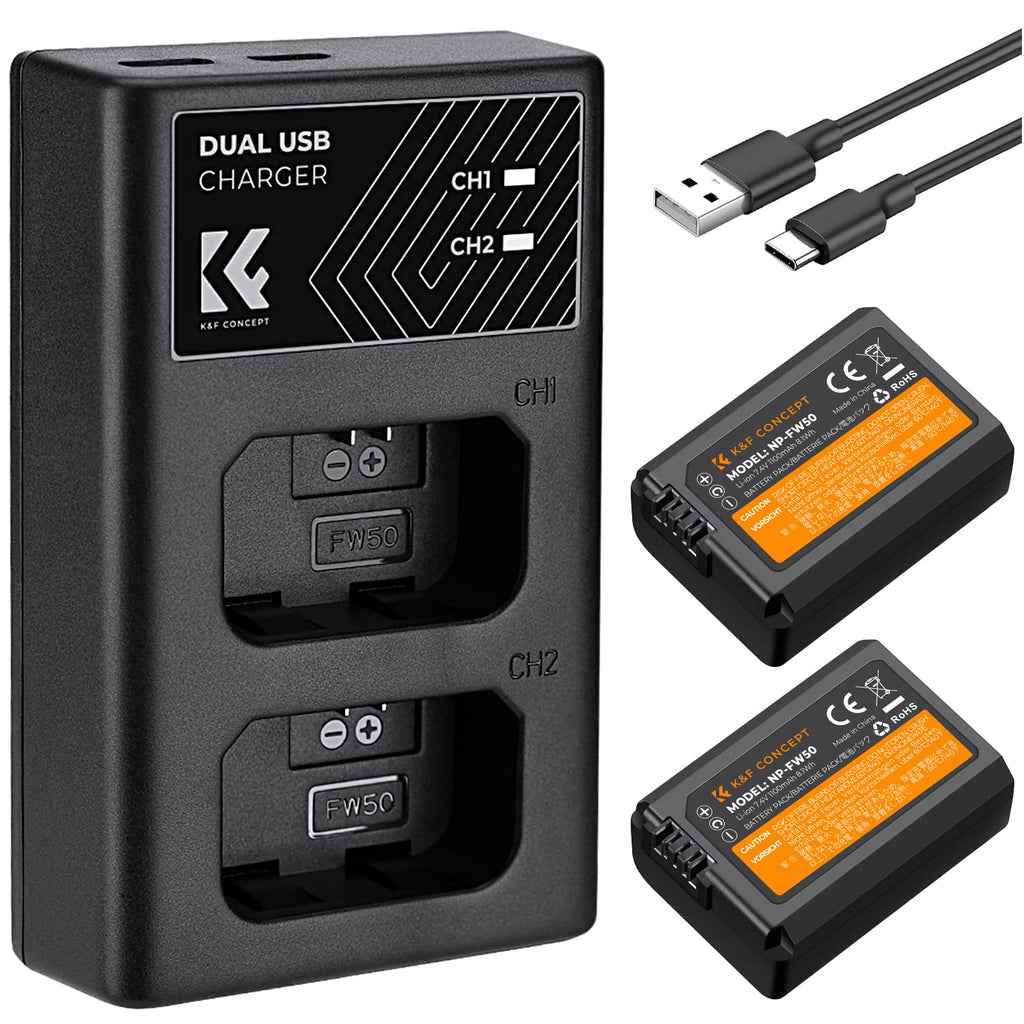 K&F Concept NP-FW50 Battery Charger Set with Dual Slot Charger for Sony ZV-E10, Alpha 7, A7, A7II, A7RII, A7SII, A7S, A7S2, A7R, A7R2, A5000,A6000, A6500, A6300, NEX-3, NEX-5