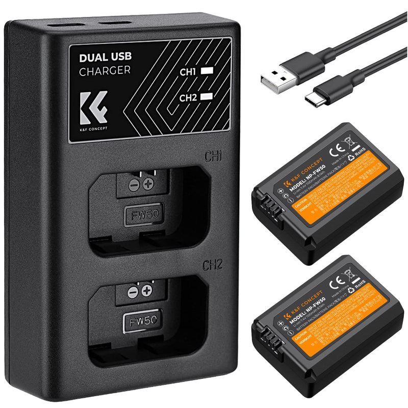 K&F Concept NP-FW50 Battery Charger Set with Dual Slot Charger for Sony ZV-E10, Alpha 7, A7, A7II, A7RII, A7SII, A7S, A7S2, A7R, A7R2, A5000,A6000, A6500, A6300, NEX-3, NEX-5