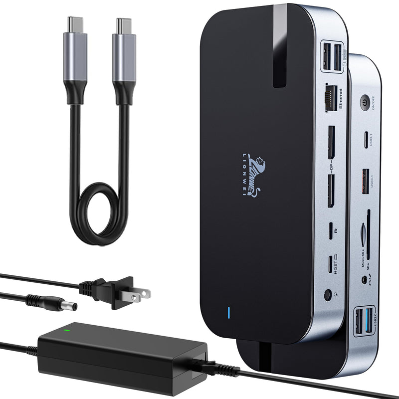 USB C Dock Triple Monitor with Dual DisplayPort 3X 4K@60Hz, Docking Station with USB C Port to Monitor 5K@60Hz/4K@120Hz, 10Gbps USB, SD/Micro SD 4.0, RJ45, 150W Power Charger