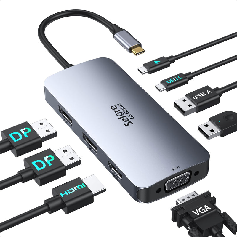 USB C Docking Station Dual Displayport Monitor, USB C Hub Displayport with 2 DP, HDMI, VGA, PD Charging, USB A&C 2.0 Ports Multi Monitors Adapter for Dell/HP/Lenovo, etc Dual DP