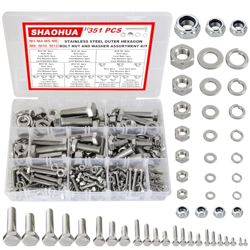 M3/M4/M5/M6/M8/M10/M12 Metric Bolt Assortment Kit, 304 Stainless Steel Heavy Duty Flat Hex Head Screws Bolts and Nuts Kit, Nuts Flat Gasket and Lock Washers Assortment Ki, Silver, 351Pcs Silver - 351PCS M3 M4 M5 M6 M8 M10 M12