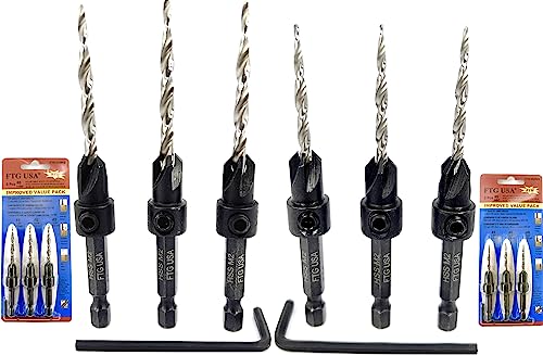 FTG USA Countersink Drill Bit Set 6 Pc #6#8 Tapered Bit Quick Change Tool Kit