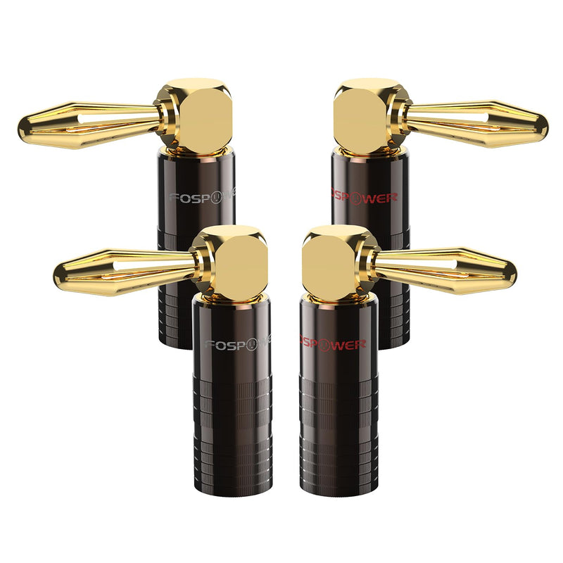FosPower Right Angle Banana Plugs (2 Pairs / 4 pcs), Closed Screw 24K Gold Plated Banana Speaker Plug Connectors for Speaker Wire, Wall Plate, Home Theater, Audio/Video Receiver, and Sound Systems 2 Pairs (90 Degree Right Angle)