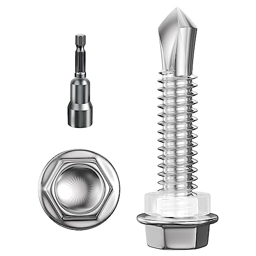 Wensilon (300Pcs) #12×1" Hex Washer Head Self Drilling Screws, 410 Stainless Steel Metal SheetScrews，TEK Screws, Sheet Metal Self Tapping Screws #12x1" Silver