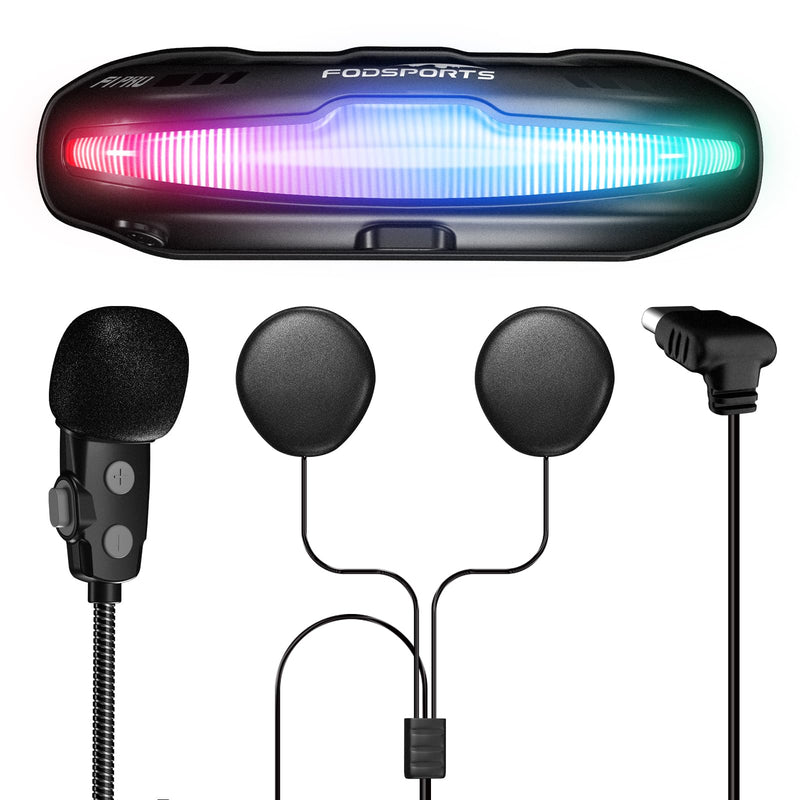 FODSPORTS Motorcycle Bluetooth Headset with Warning Light, F1 PRO 2-Way Helmet Intercom, 9 Effects Motorcycle Helmet Light, Magnetic Mount, EQ Sound/FM/IP67/1500mAh