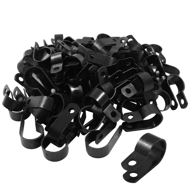 Unlorspy 100 Pcs Black R-Type Cable Clip 5/8 Inch Nylon Plastic R Type Wire Clamp for Wire Management (16mm, 5/8 Inch) 16mm, 5/8 Inch